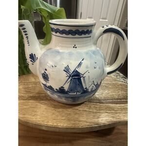 Blue and White Ceramic Teapot with Windmill Design
